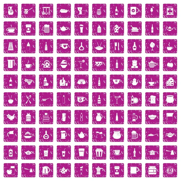 100 utensil icons set grunge pink — Stock Vector