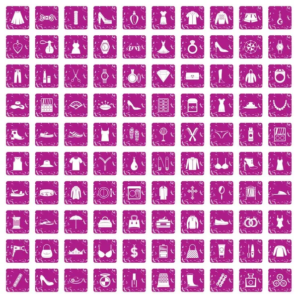 100 Frauen Accessoires Ikonen Set Grunge pink — Stockvektor