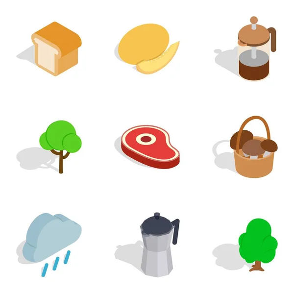 Camp food icons set, isometric style