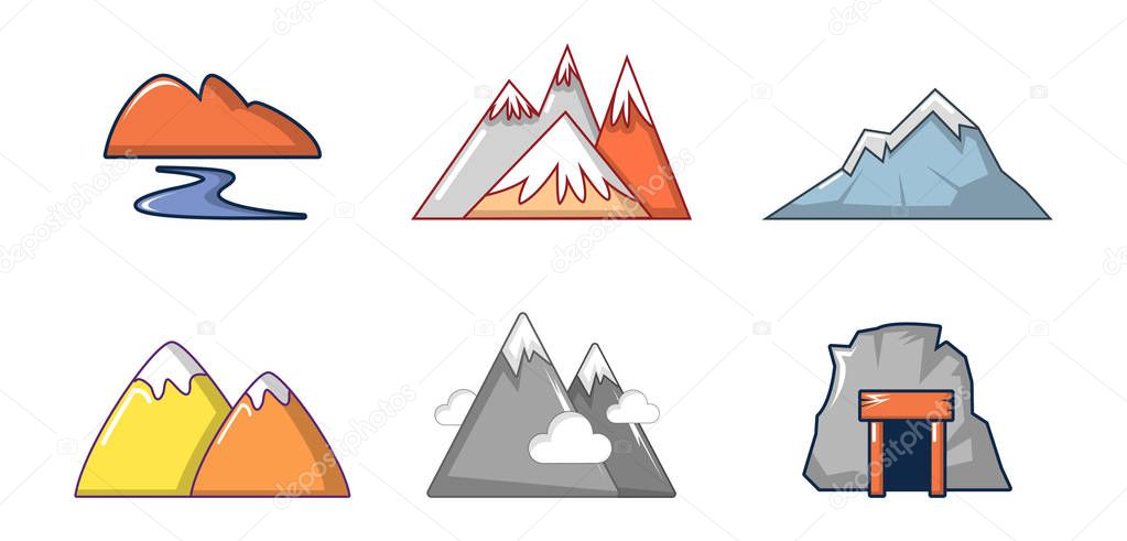 Mountains icon set, cartoon style
