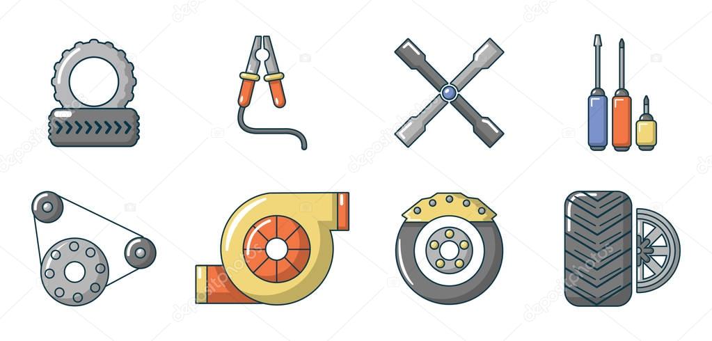 Car parts icon set, cartoon style