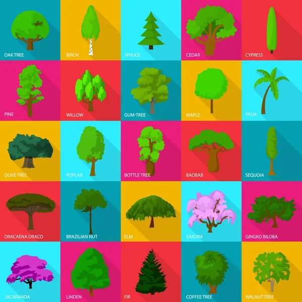 Conjunto de iconos de tipos de árbol, estilo plano — Vector de stock