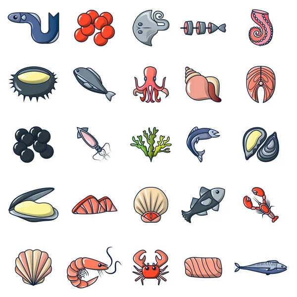 魚介類の魚海アイコン セット、漫画のスタイル — ストックベクタ