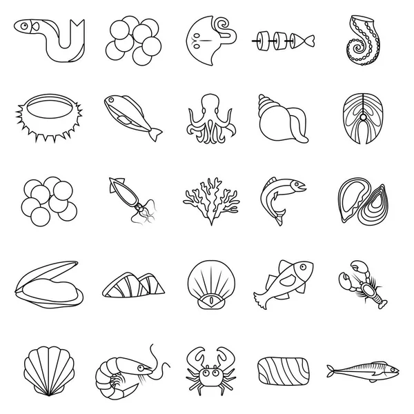 Fruits de mer poisson océan icônes ensemble, style contour — Image vectorielle