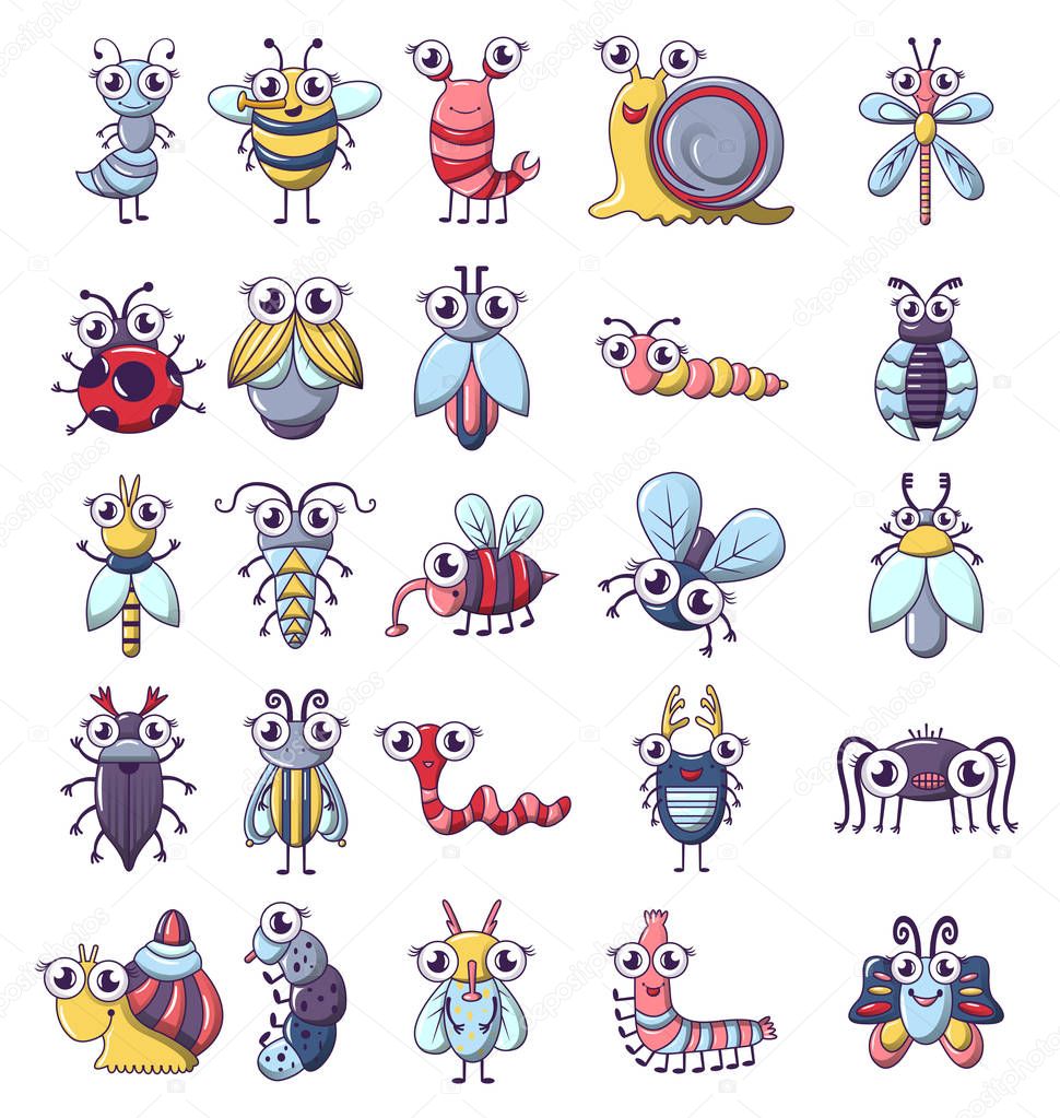 Bug funny insect icons set, cartoon style