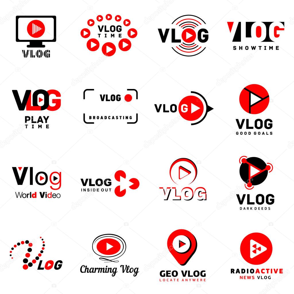 Vlog video channel logo icons set. Simple illustration of 16 vlog video channel logo vector icons for web