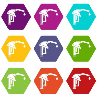 Renk altı yüzlü benzin pompa meme Icon set