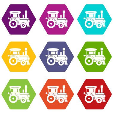 Renk altı yüzlü oyuncak tren Icon set