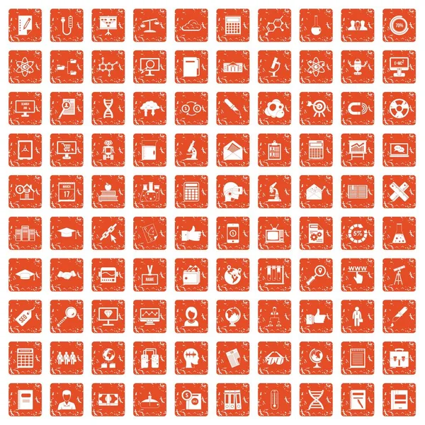 100 analytics pictogrammen instellen grunge oranje — Stockvector