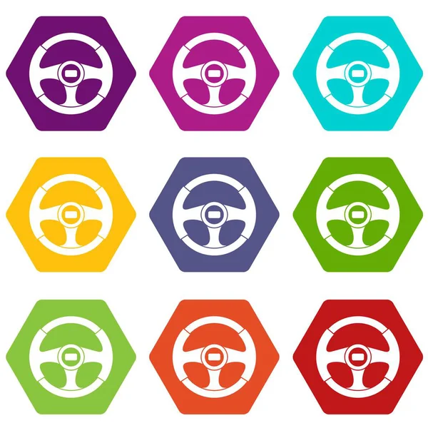 Car steering wheel icon set color hexahedron — Stock Vector