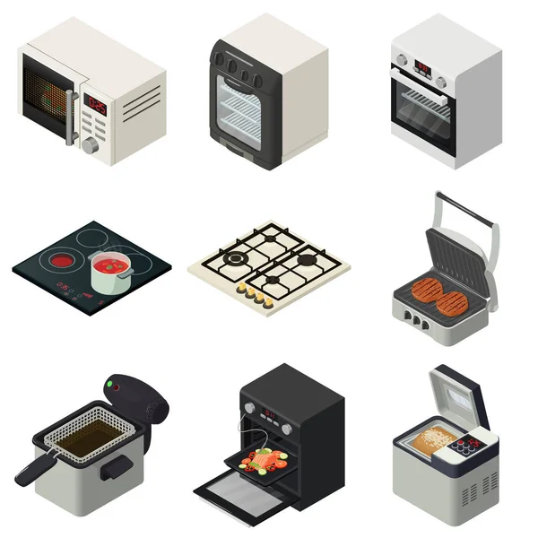 Backofen Kamin Icons Set, isometrischen Stil — Stockvektor