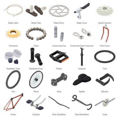 Bisiklet parçaları Icons set, izometrik stili