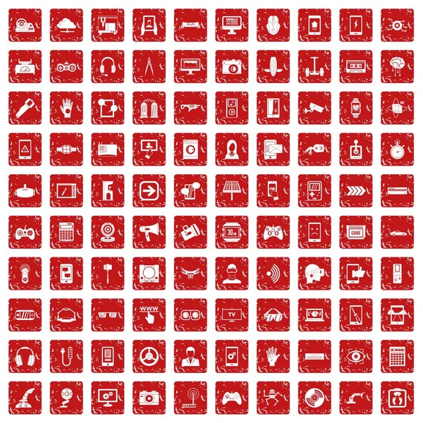 100 значков гаджета набор гранж красный — стоковый вектор