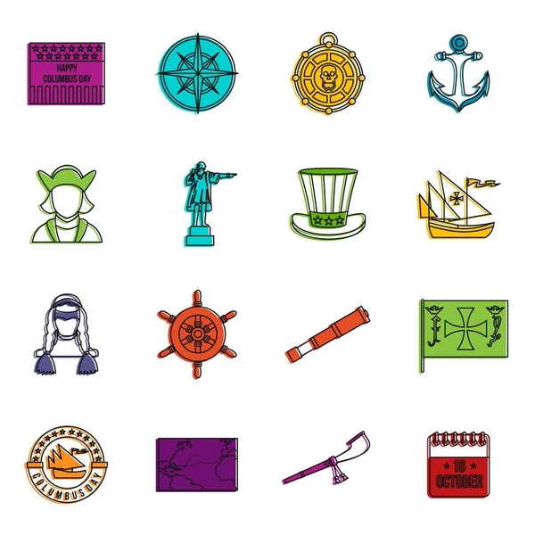 Día de Colón iconos doodle conjunto — Vector de stock