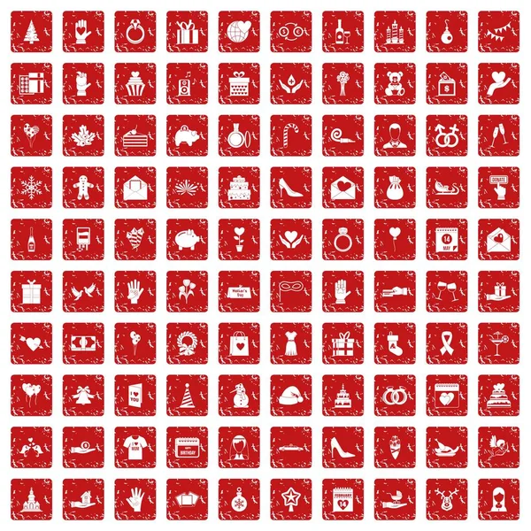 100 iconos de regalo conjunto grunge rojo — Vector de stock