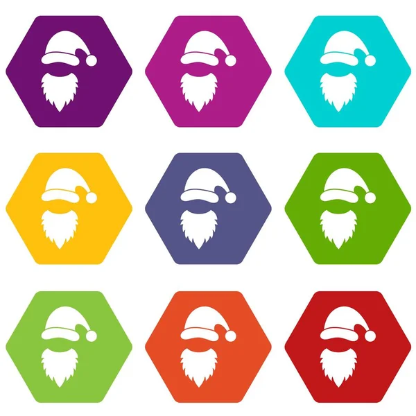 Gorra con pompón de Santa Claus y el icono de la barba de color hexaedro conjunto — Vector de stock