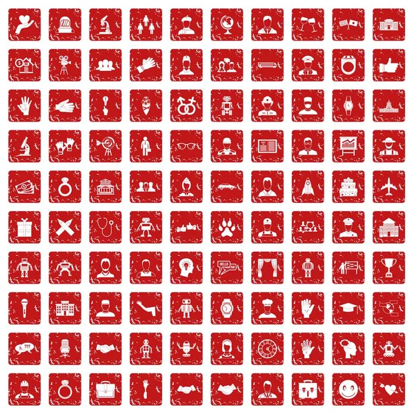 100 handdruk pictogrammen instellen grunge rode — Stockvector