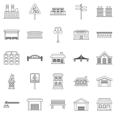 Şehir mimarisi Icons set, anahat stili