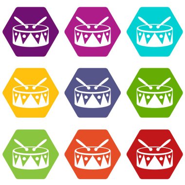 Renk altı yüzlü davul ve sopaları Icon set