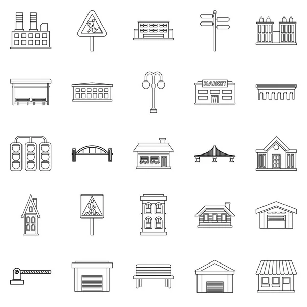 Icônes d'architecture de ville ensemble, style contour — Image vectorielle