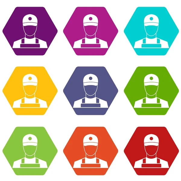 Человек в шапке и униформе иконки набора цветов гексаэдра — стоковый вектор