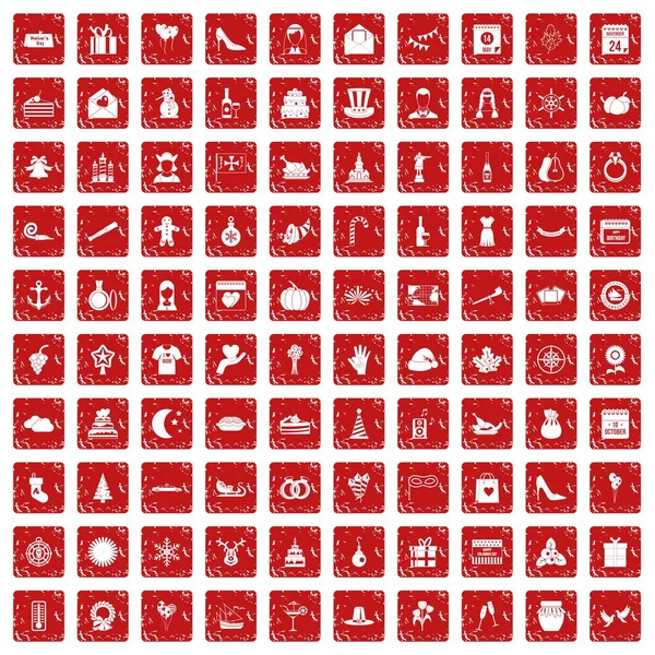 100 feestelijke dag pictogrammen instellen grunge rode — Stockvector