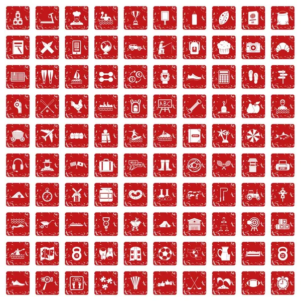 100 activiteit pictogrammen instellen grunge rode — Stockvector