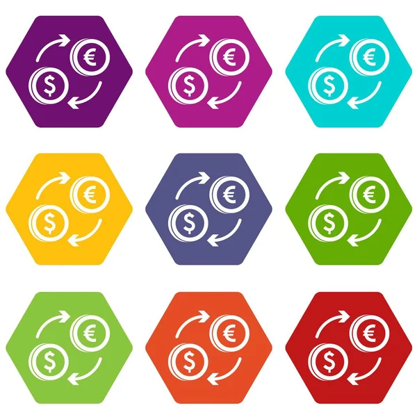 Euró dollár euró átváltási ikon készlet színes hexahedron — Stock Vector