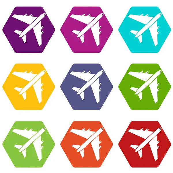 Passagerare Ikonuppsättning trafikflygplan färg hexahedron — Stock vektor