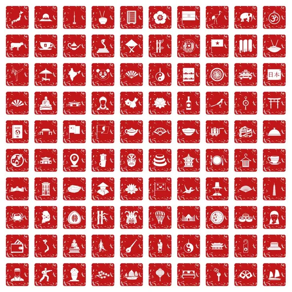 100 iconos de plato conjunto grunge rojo — Archivo Imágenes Vectoriales