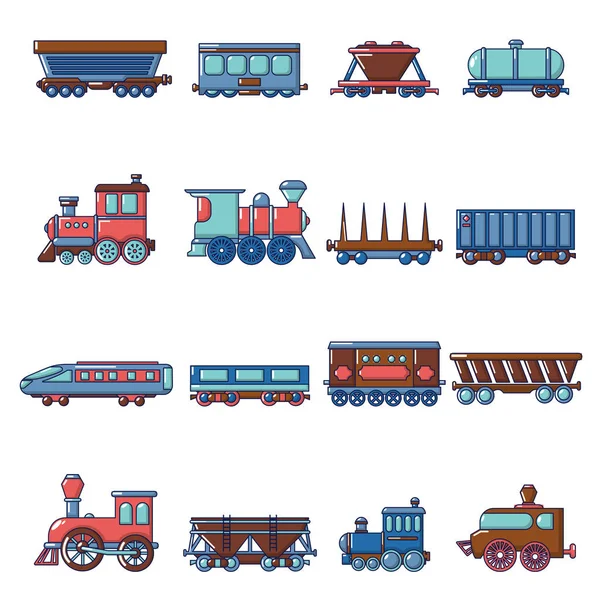 Conjunto de ícones de transporte ferroviário, estilo cartoon —  Vetores de Stock