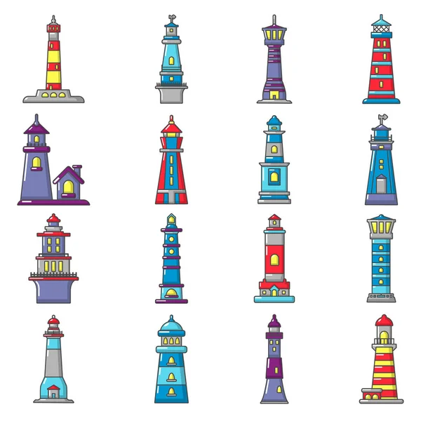 Vuurtoren iconen set, cartoon stijl — Stockvector