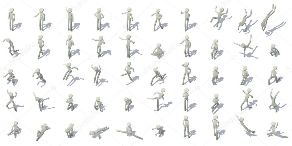 Stick man figures icons set, isometric style