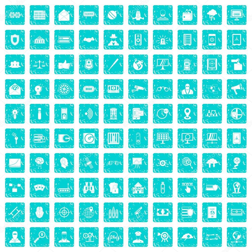 100 security icons set grunge blue