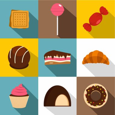 Farklı tatlılar simge seti, düz stil