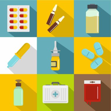 Tıbbi preparatlar simge seti, düz stil