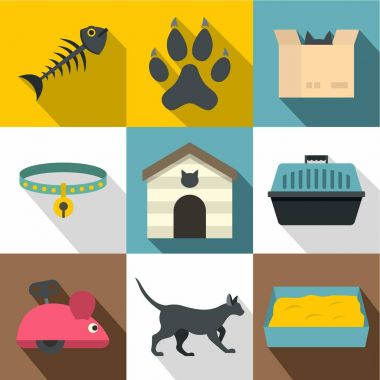 Kedi şeyler simge seti, düz stil