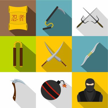 Japon ninja simge seti, düz stil