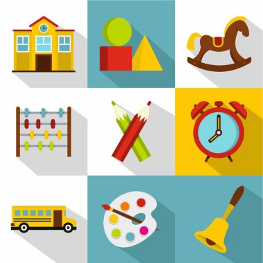 Okul donanımları simge seti, düz stil