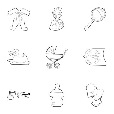 Çocuk aksesuarları Icons set, anahat stili