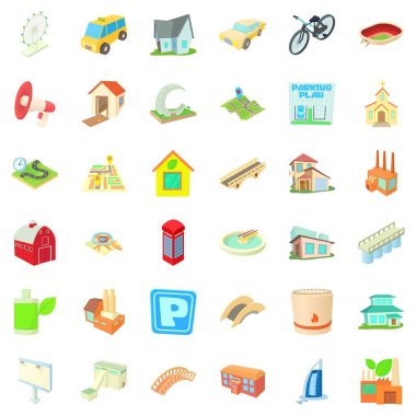 Şehir merkezindeki Icons set, karikatür tarzı