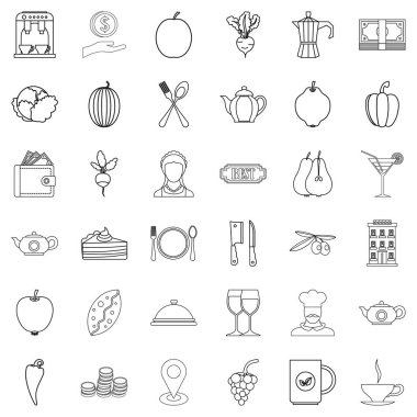 Vejetaryen kafe Icons set, anahat stili