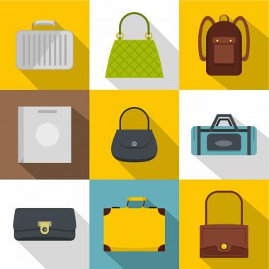 Çanta türleri simge seti, düz stil