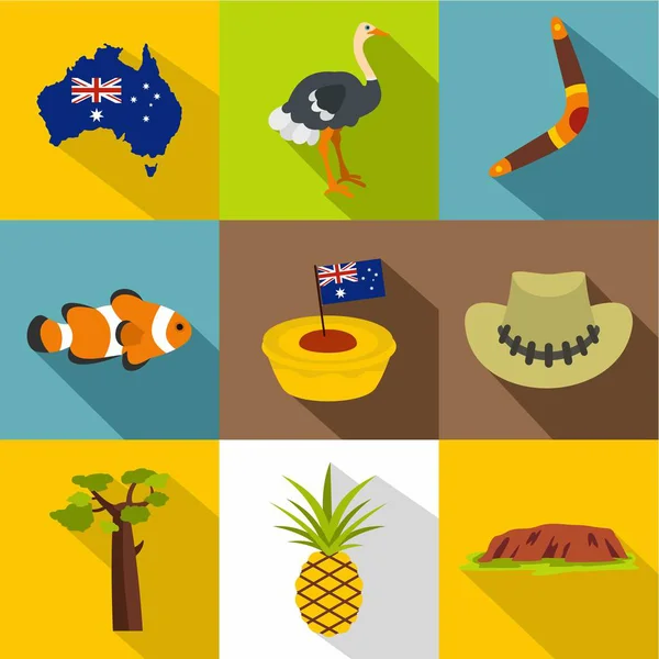 Australian symbols icon set, flat style — Stock Vector