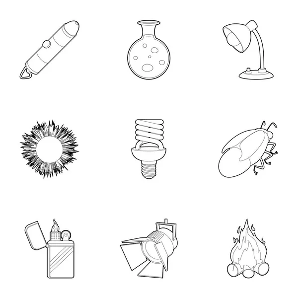 Light and lighting icons set, outline style — Stock Vector