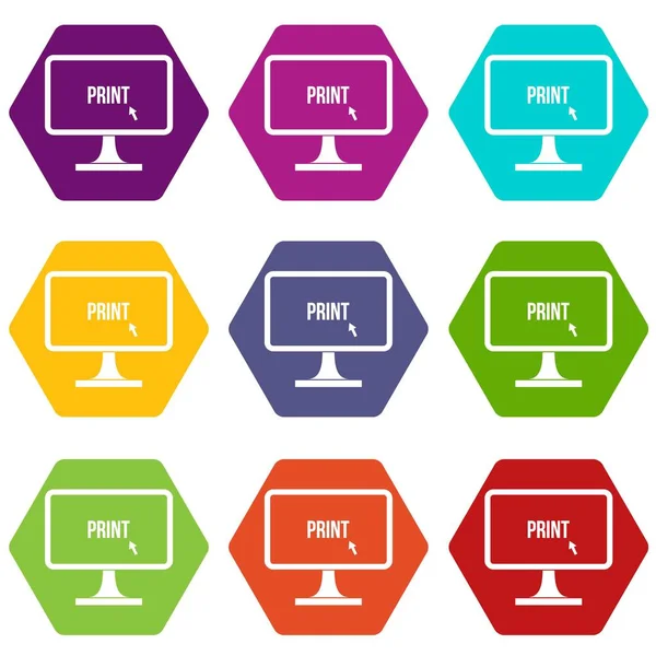 Imprimir palabra en un icono de monitor de computadora establecer hexaedro de color — Archivo Imágenes Vectoriales