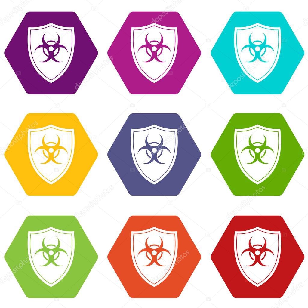 Shield with a biohazard sign icon set color hexahedron