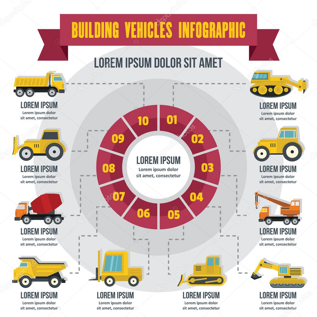 Building vehicles infographic, flat style
