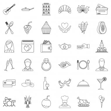 Kafe Icons set düğün, anahat stili