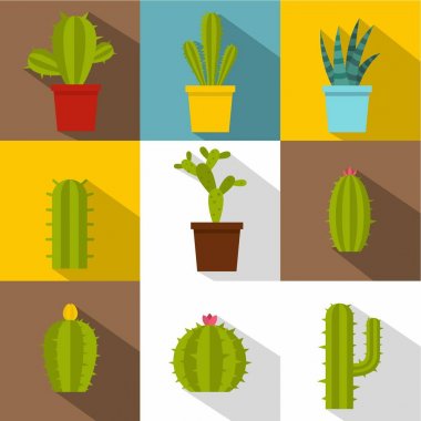 Kaktüs bitkileri simge seti, düz stil